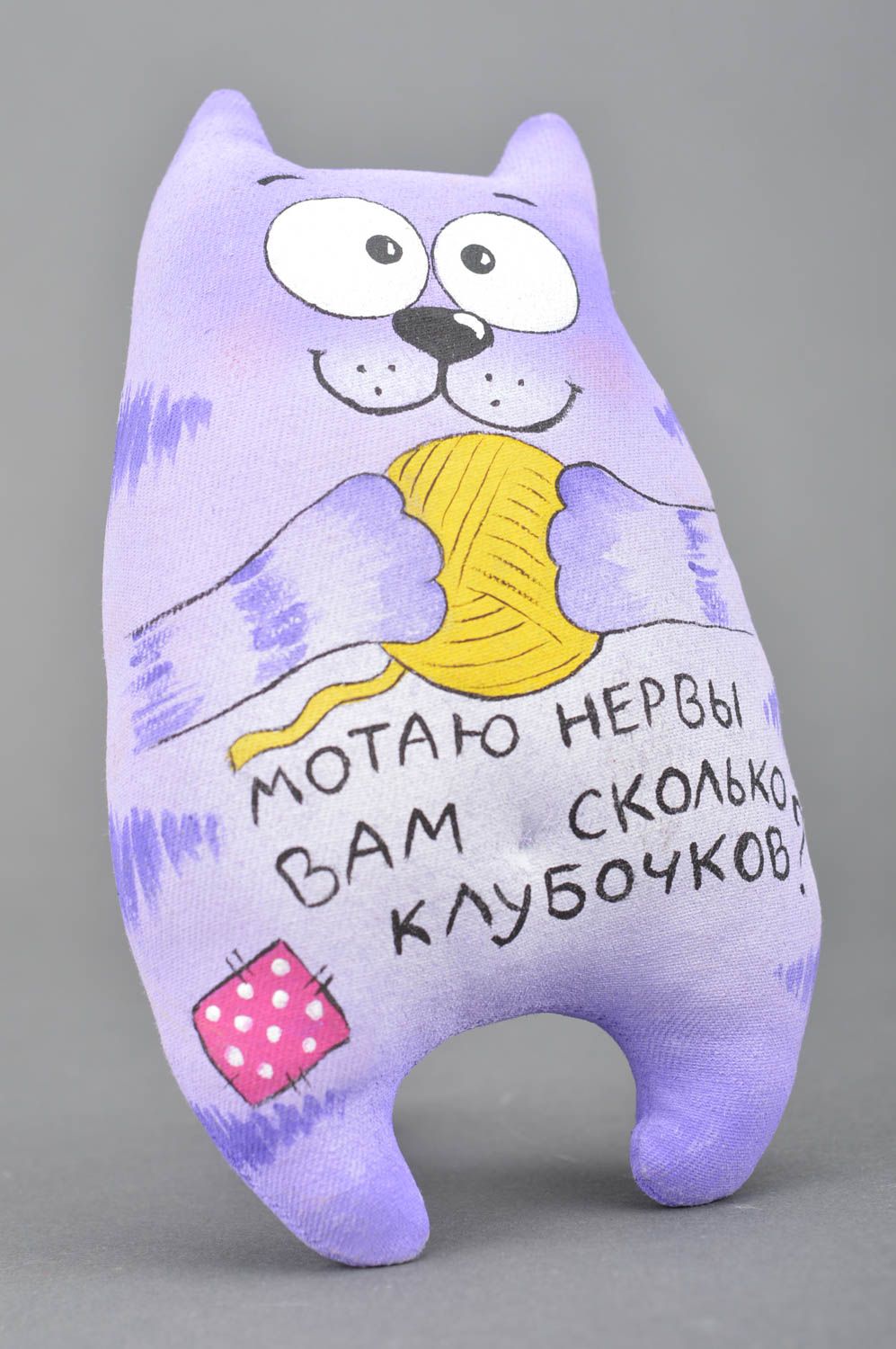 Handmade designer cotton fabric soft toy with painting and funny lettering Cat photo 2