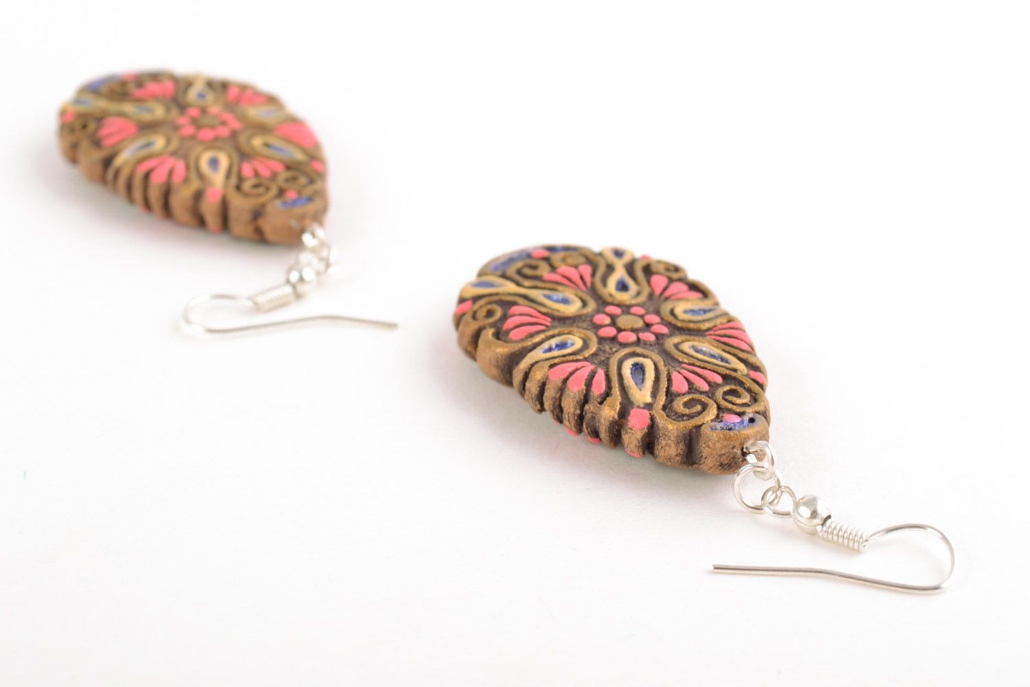 Handmade clay drop earrings painted with acrylics for women photo 4