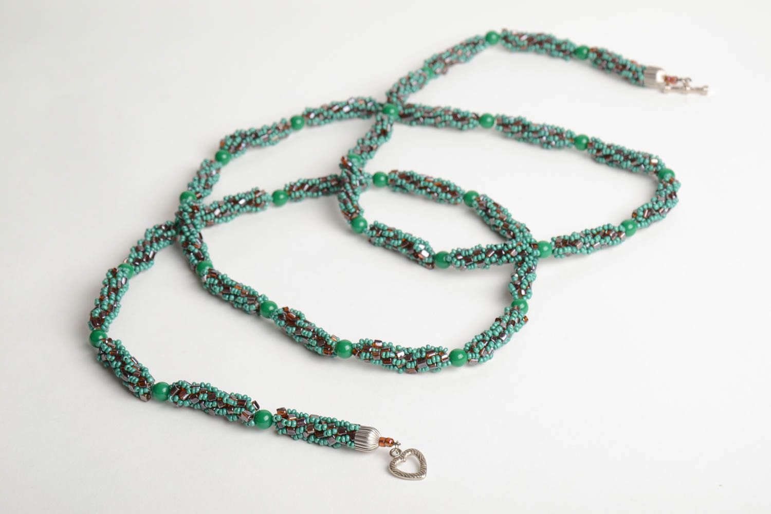 Stylish handmade necklace crocheted of Czech beads in green color palette photo 3