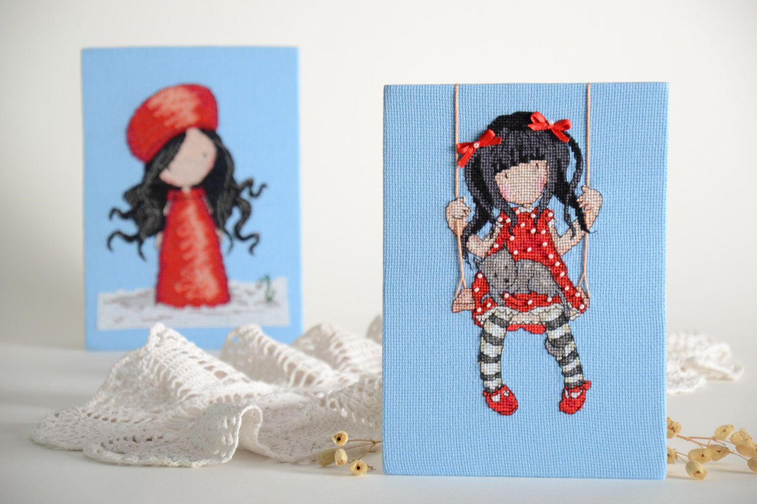 Handmade small wall picture embroidered on blue linen canvas Girl on Swing photo 1