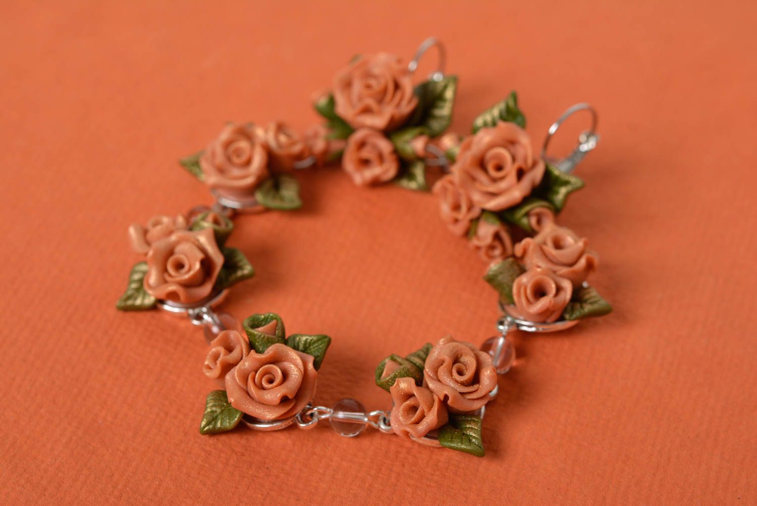 Set of handmade polymer clay jewelry earrings and bracelet with flowers photo 1