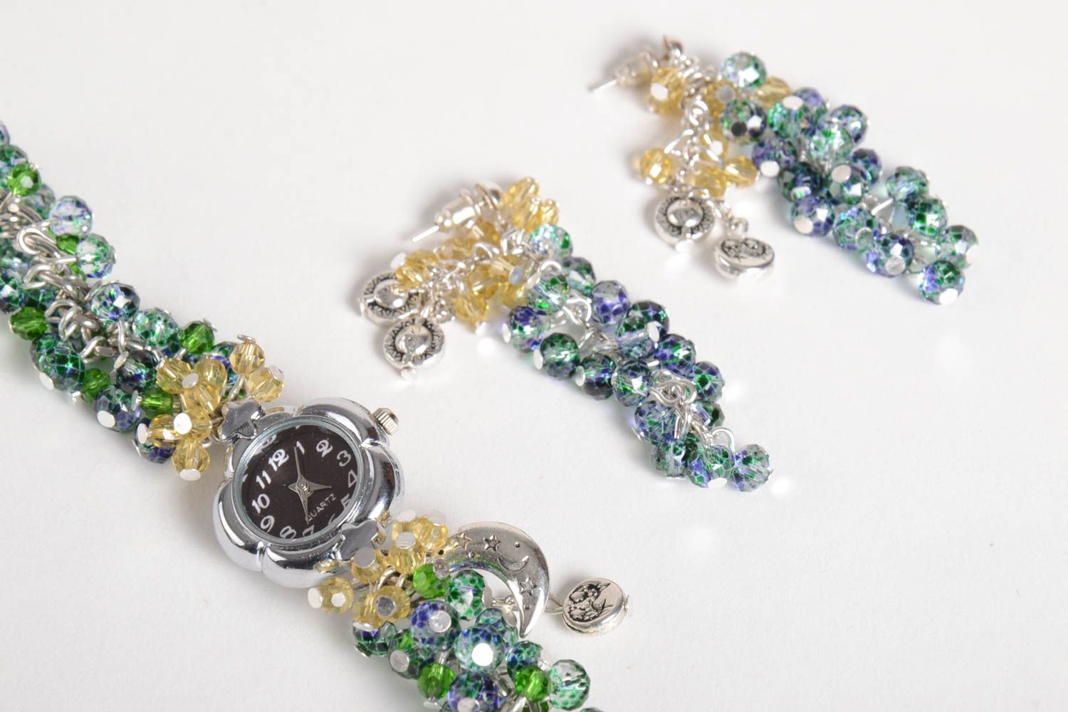 Handmade beaded earrings beaded bracelet wrist watch cool jewelry set  photo 4