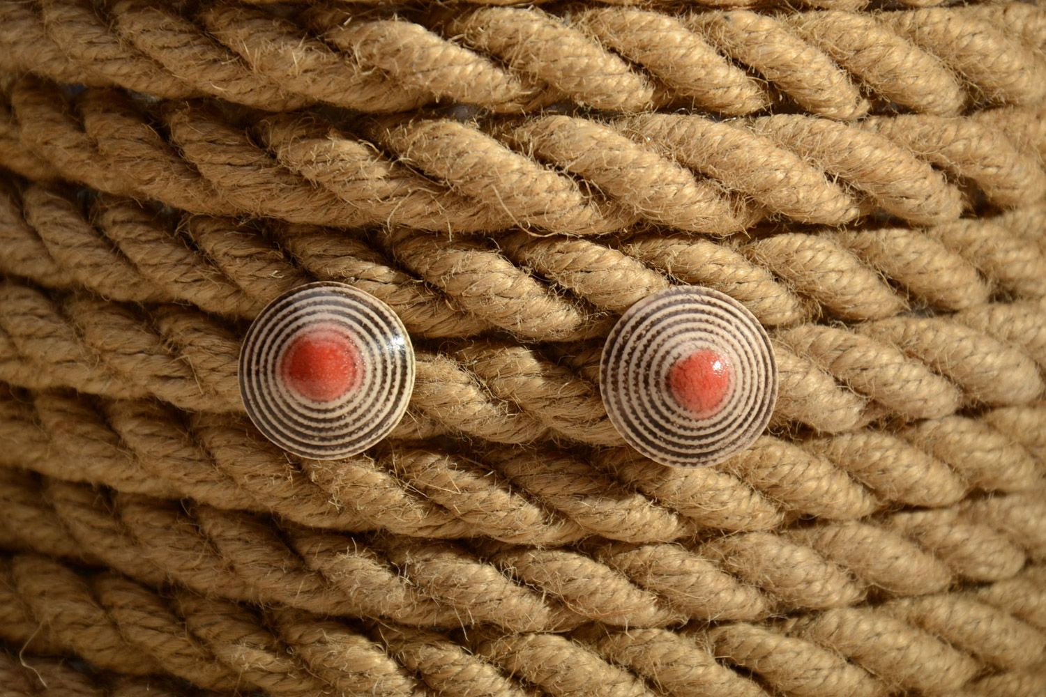 Women's striped stud earrings hand made of white clay and painted with colored enamels photo 1