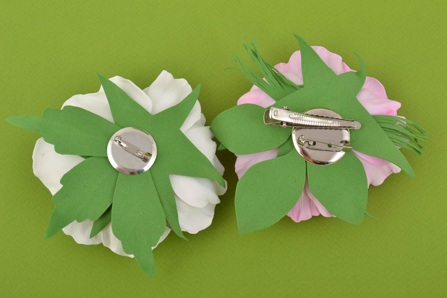 Handmade hair clip brooche in shape of flower set of 2 items made of foamiran photo 8