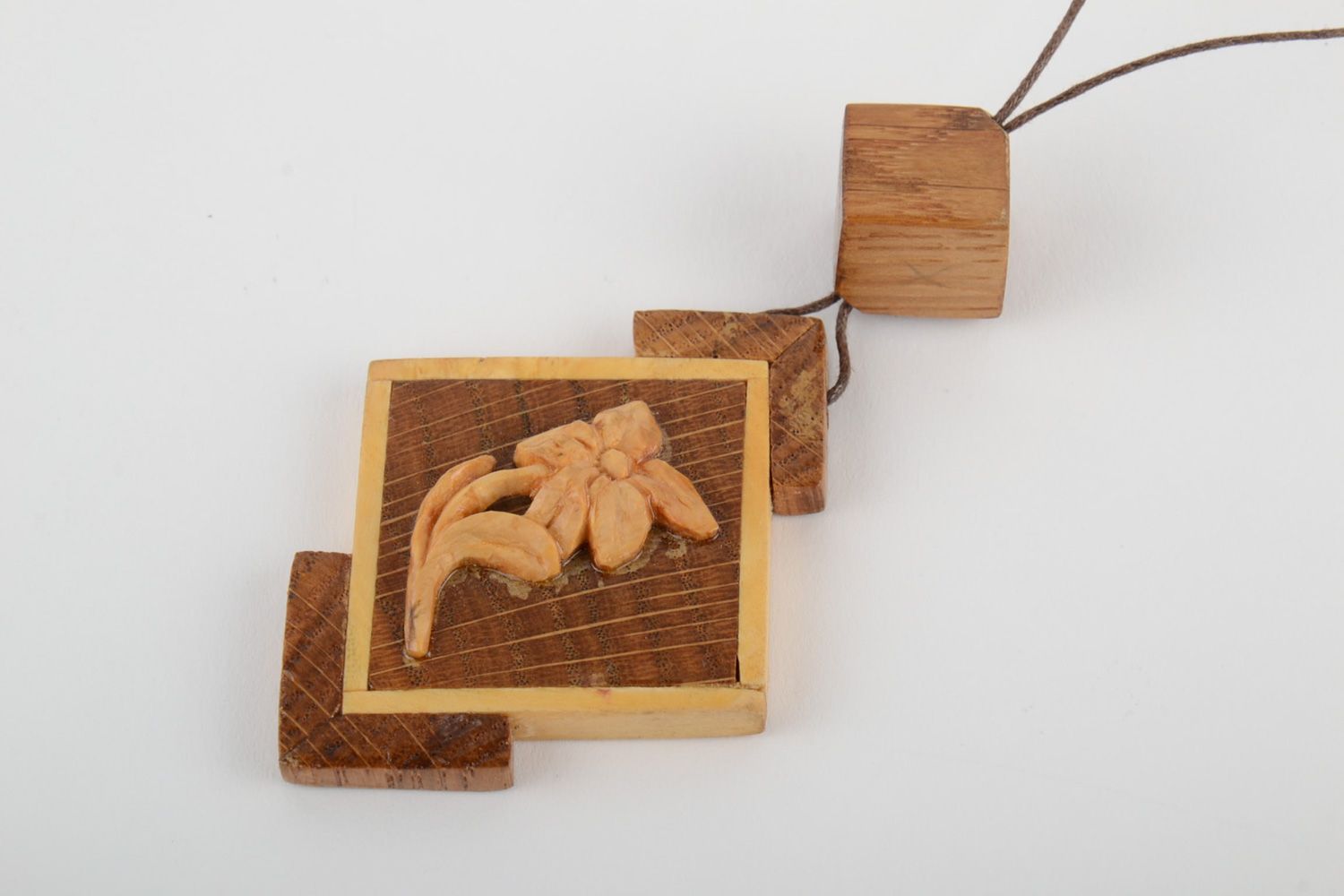 Handmade volume neck pendant carved of wood and decorated with volume flower photo 3