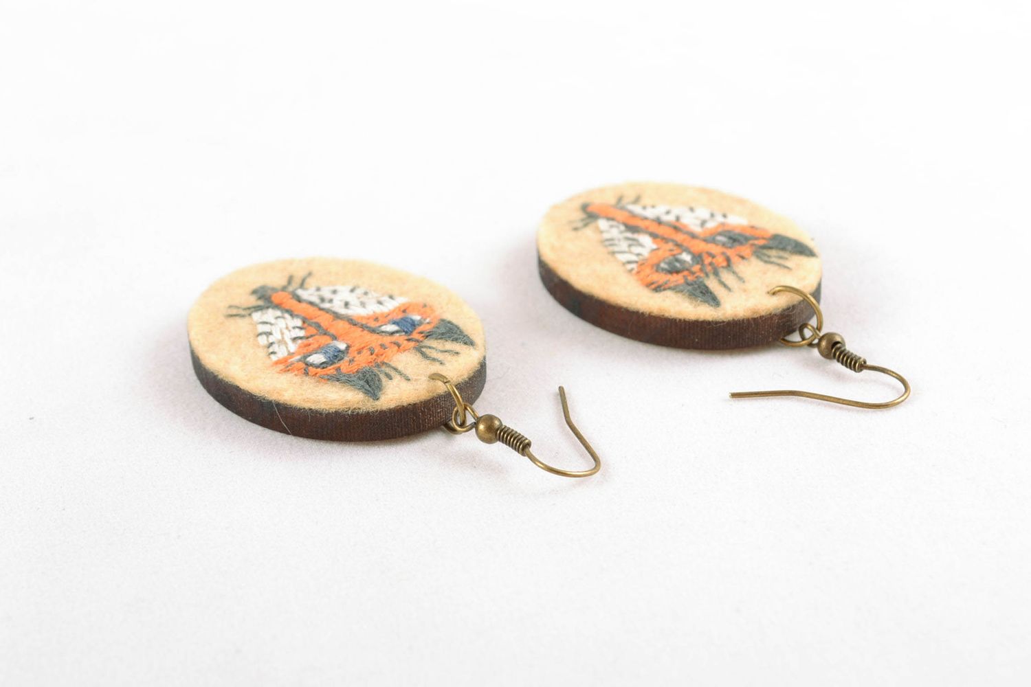 Unusual oval earrings with embroidery photo 5