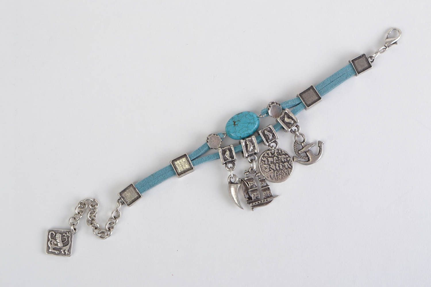 Handmade leather cord wrist bracelet with metal charms and turquoise for women photo 4