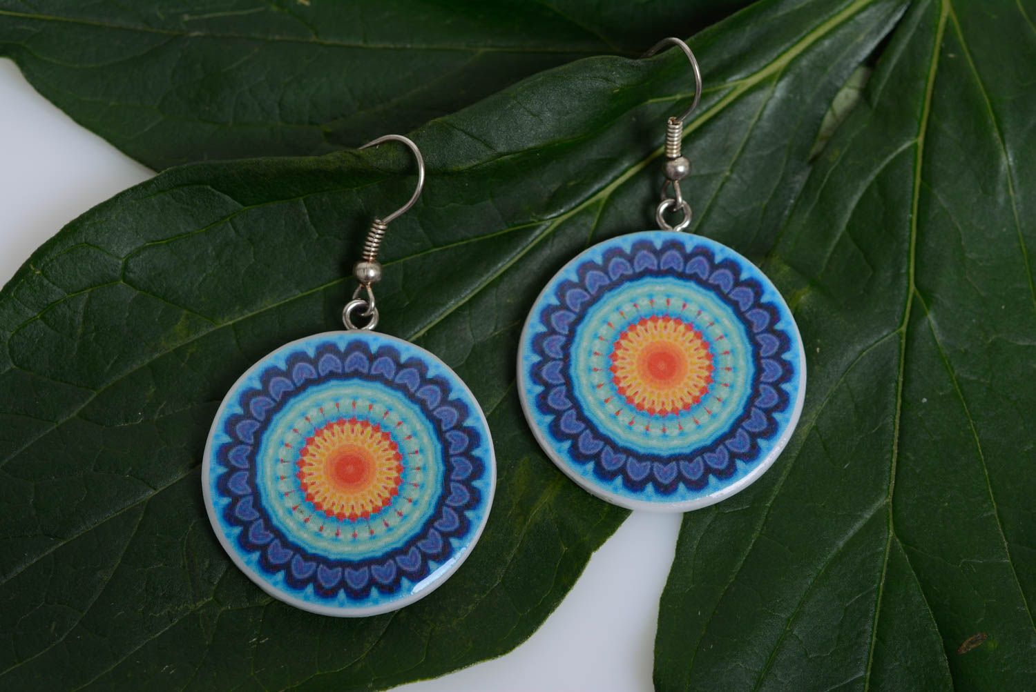Beautiful blue handmade designer plastic round earrings with ornament photo 3
