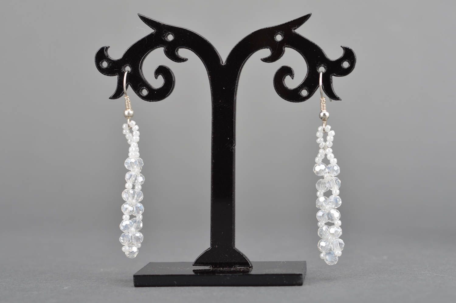 Exquisite handcrafted white long earrings made of Czech beads and crystal photo 1