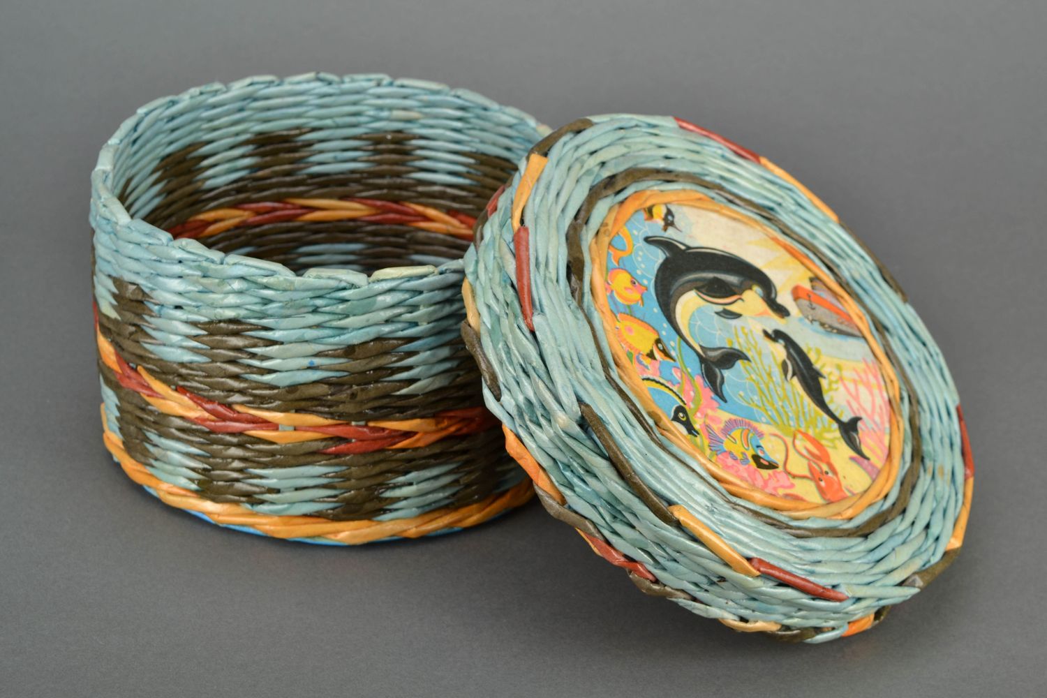 Handmade basket woven of paper rod Dolphins photo 3