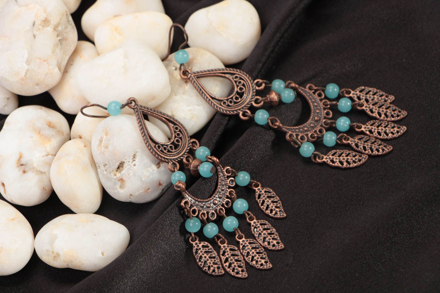 Long handmade earrings copper stylish accessory beaded unusual jewelry photo 1