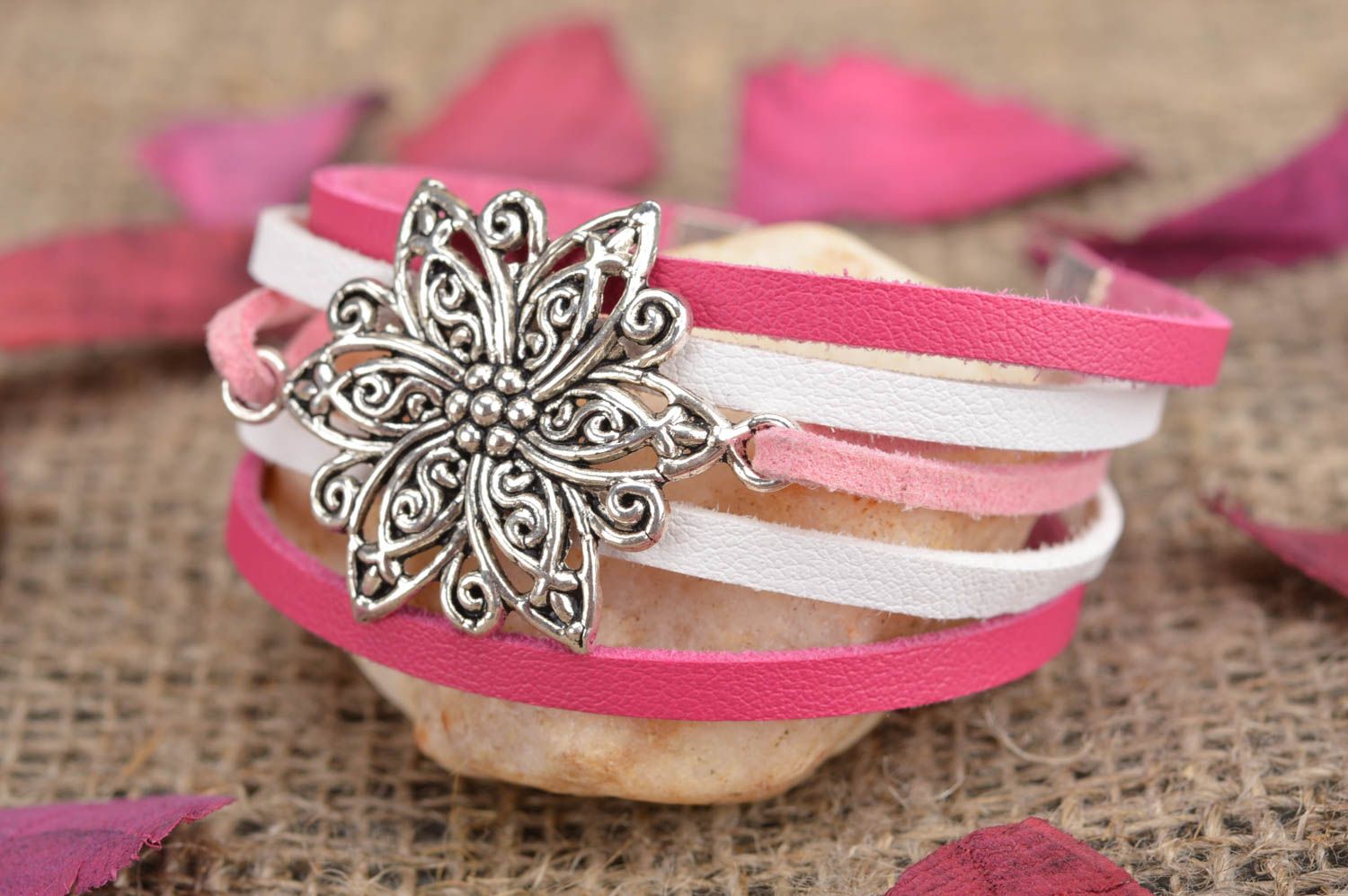 Handmade designer genuine leather wrist bracelet white pink with metal flower photo 1