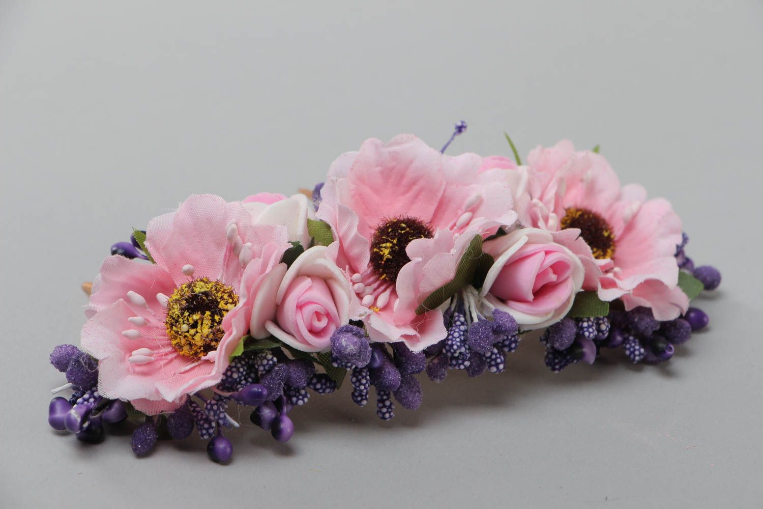 Handmade decorative hair comb with tender pink artificial flowers  photo 3