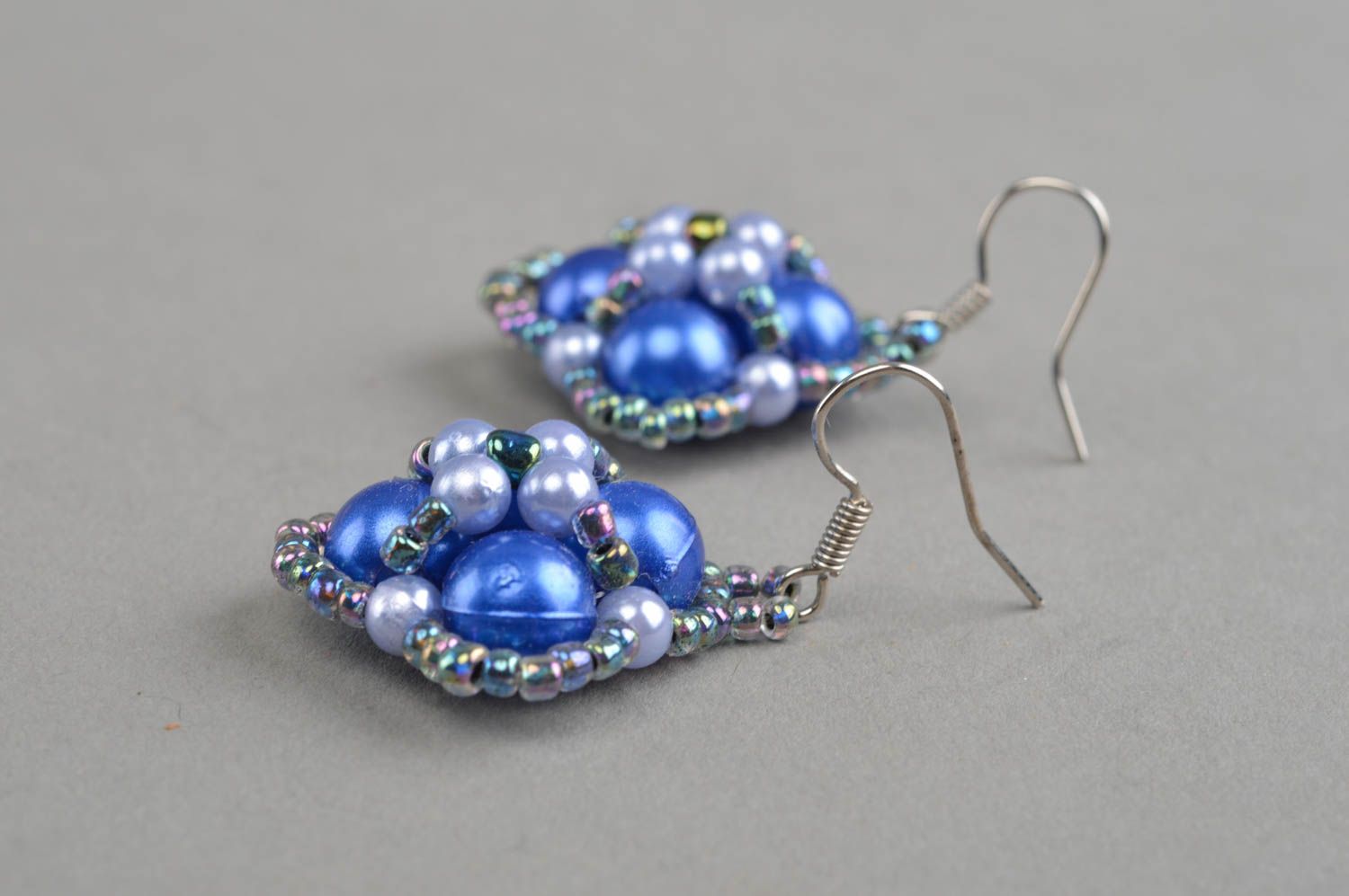 Handmade unusual earrings beaded blue accessories designer jewelry present photo 3