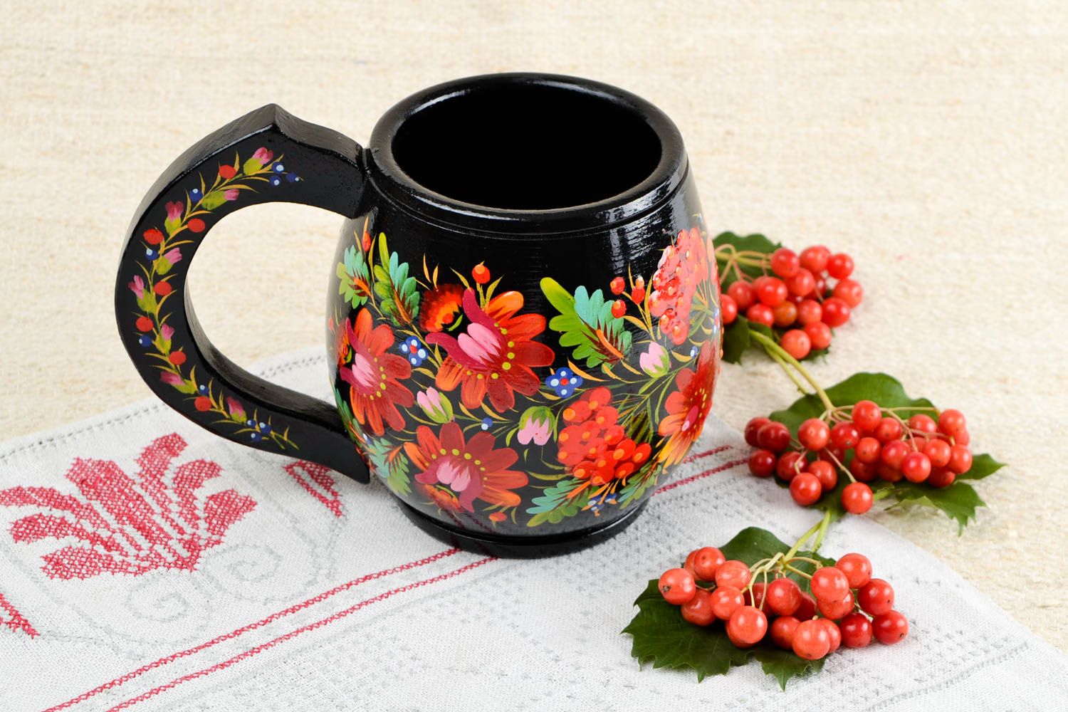 Tasse bois faite main Mug original souvenir fleurs Vaisselle en bois décorative photo 1