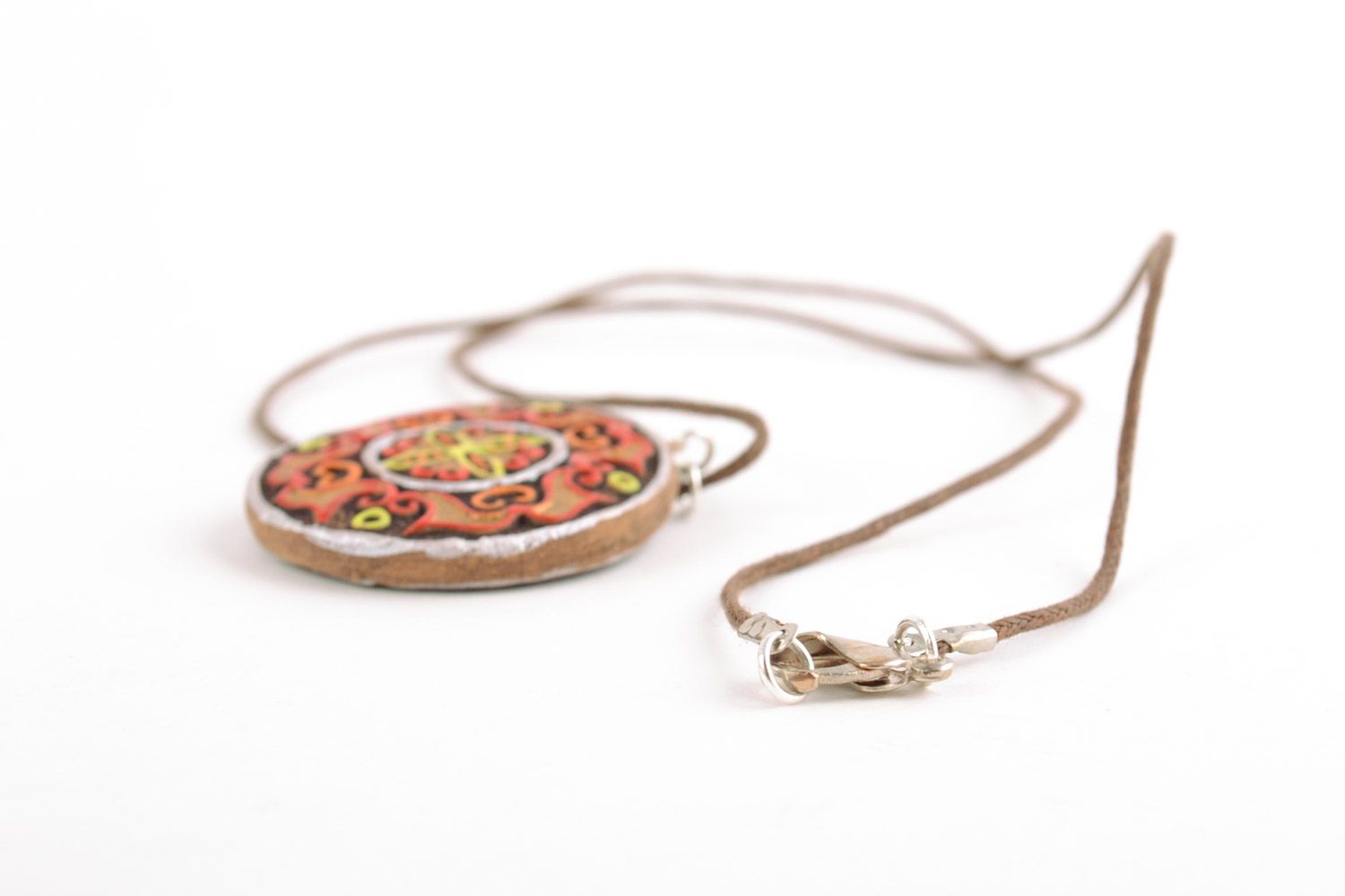 Handmade designer round ceramic neck pendant with bright acrylic painting photo 3