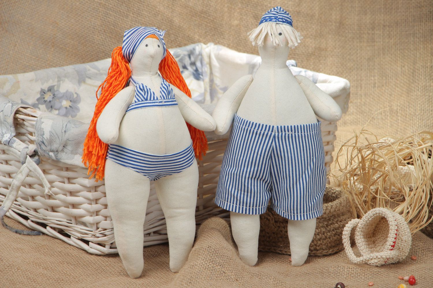 Set of 2 beautiful handmade soft dolls sewn of fabrics Couple of Beach Goers photo 1