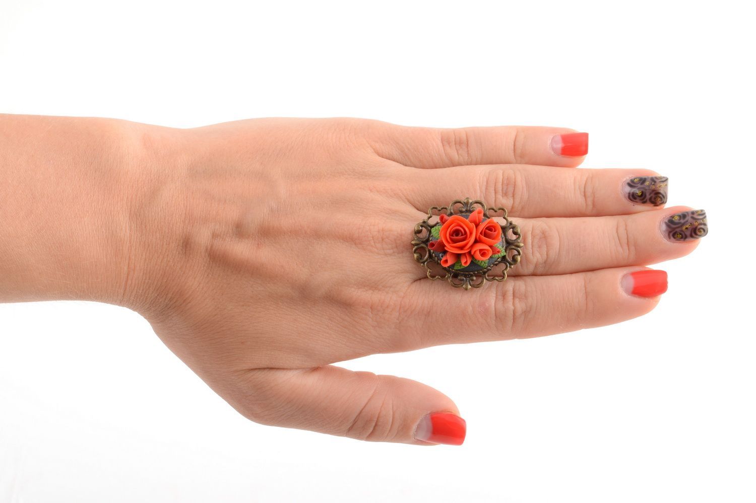 Handmade jewelry ring with fancy metal basis and red polymer clay flower photo 5