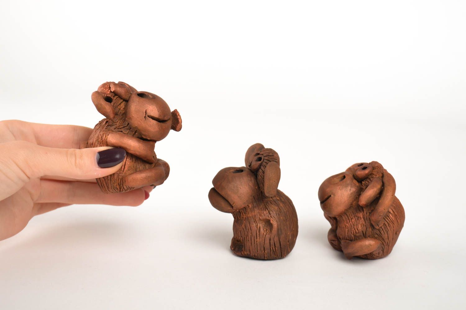 Handmade Figuren Set Tiere aus Ton Deko Ideen Haus 3 Stück Affen Statuetten foto 2