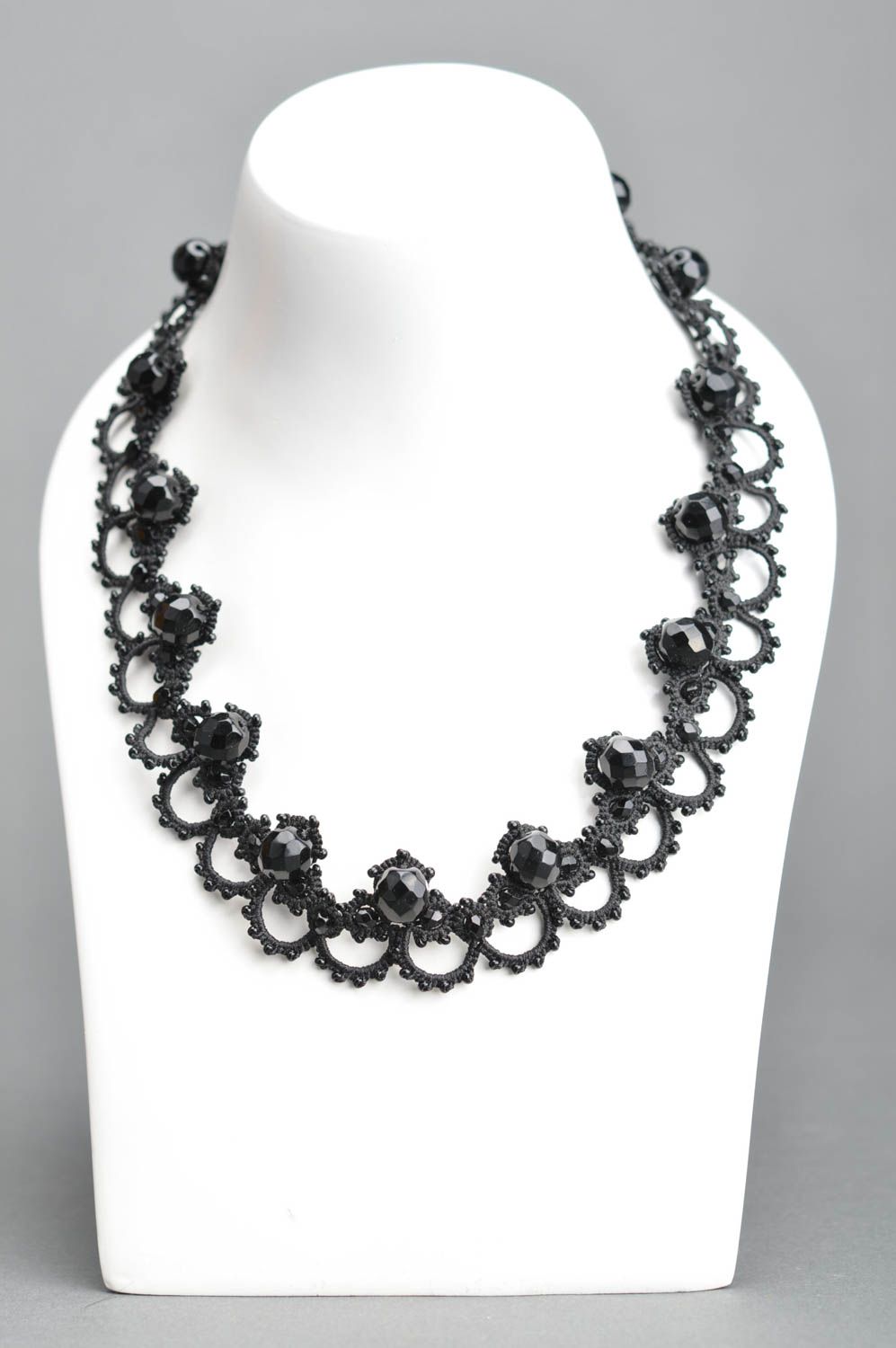 Handmade black necklace made of Czech beads and threads using tatting technique photo 1