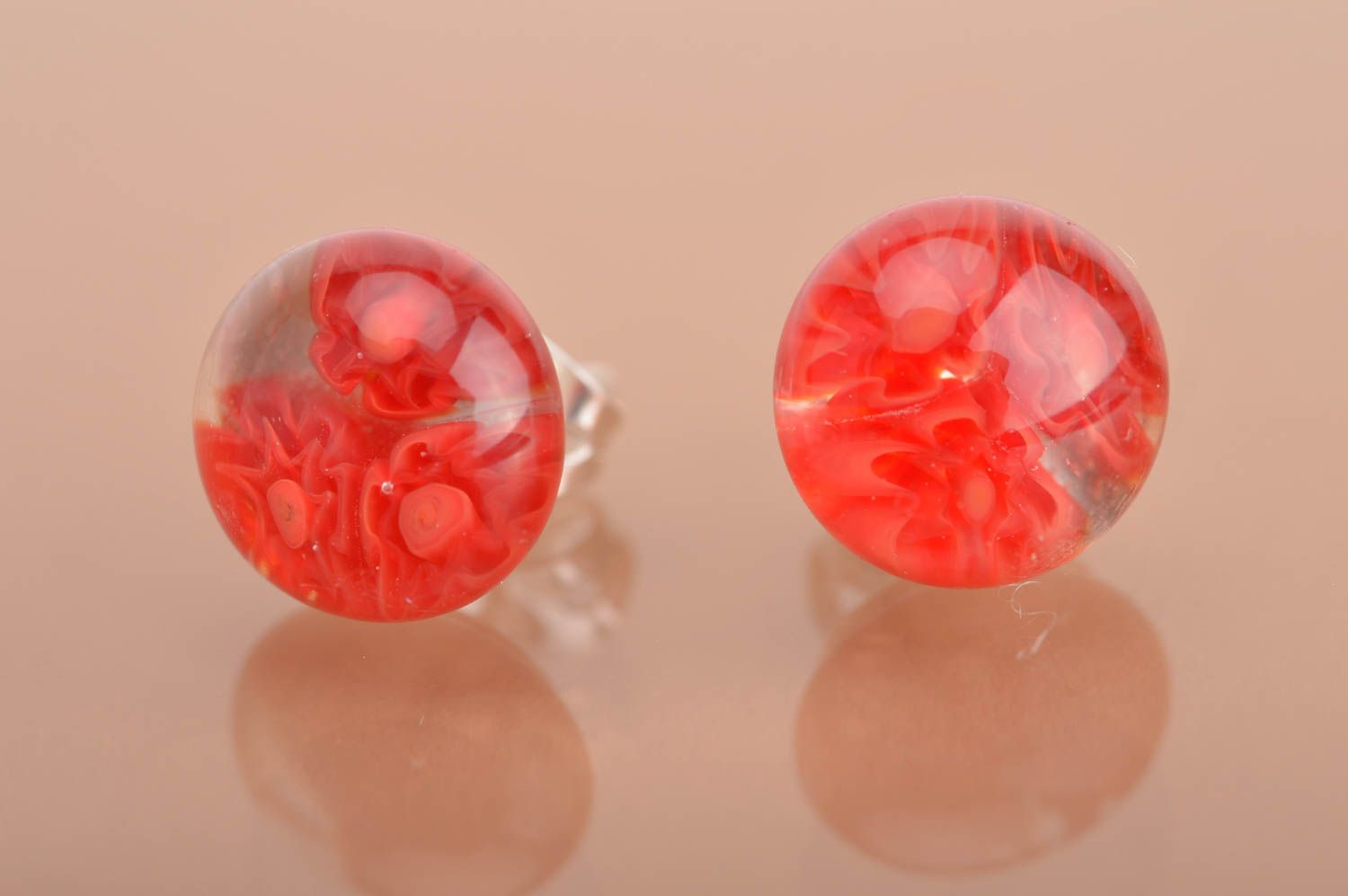 Beautiful red handmade designer millefiori glass earrings with silver fittings photo 2
