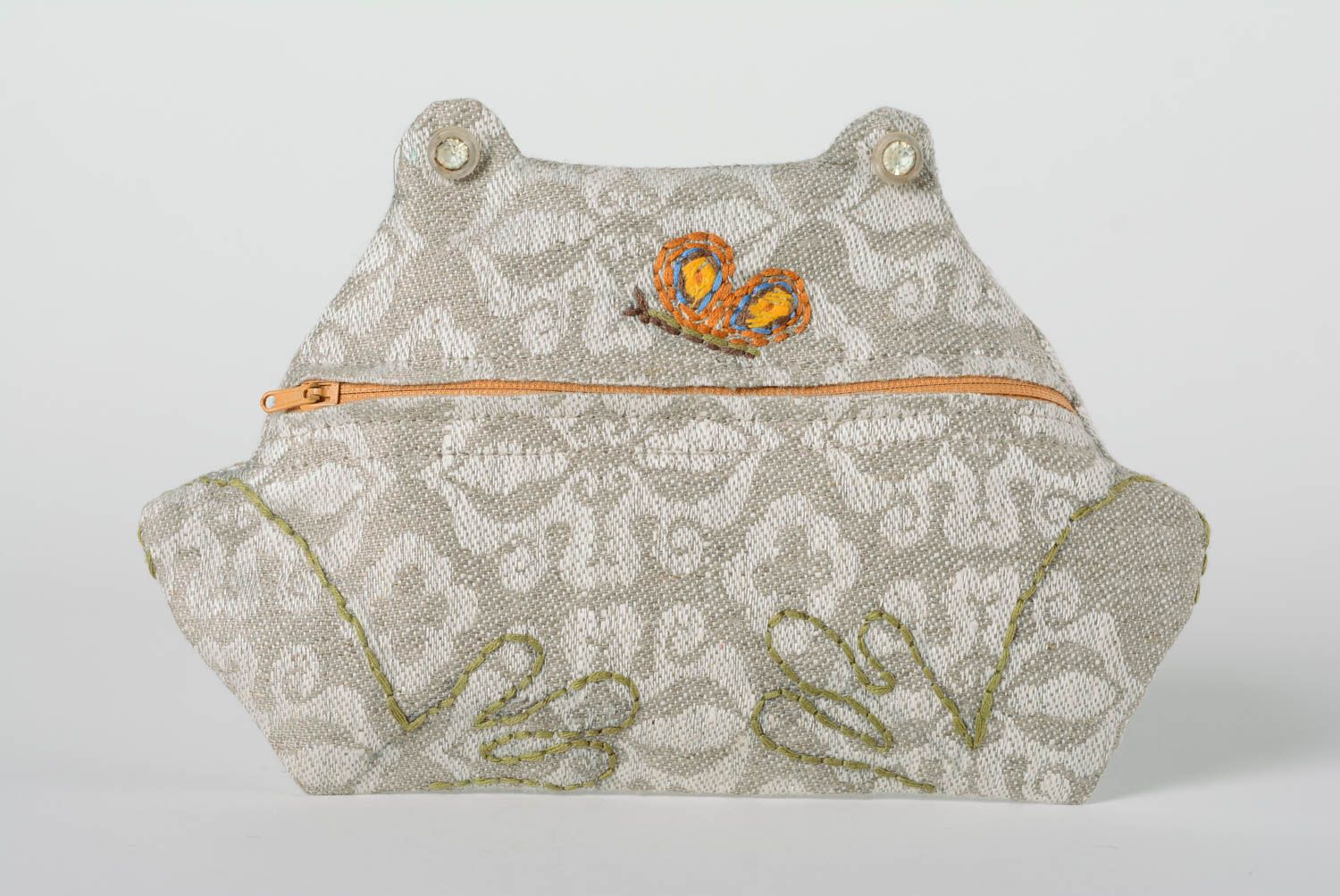 Handmade cosmetic bag sewn of linen in the shape of frog with zipper fastener photo 1