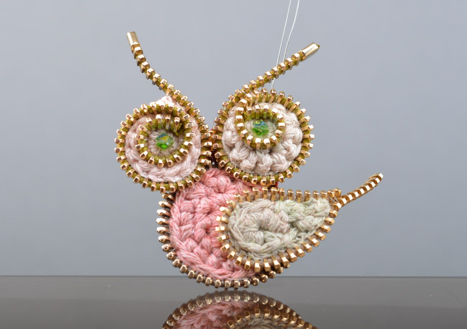 Handmade pink knitted brooch with metal zippers Owl photo 1
