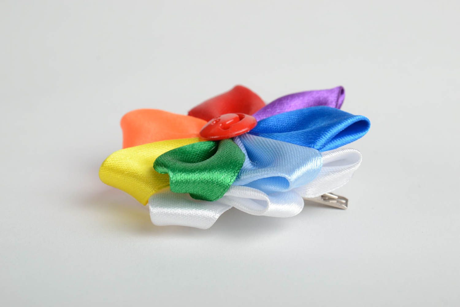 Homemade hair clip with satin ribbon kanzashi flower of rainbow coloring photo 4