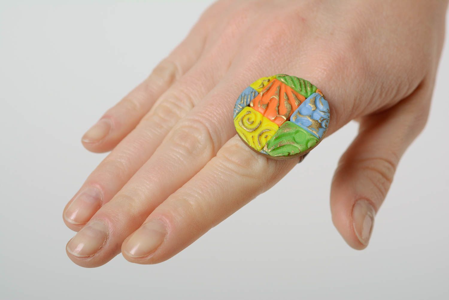 Handmade designer ring made of polymer clay round colorful bright summer accessory photo 2