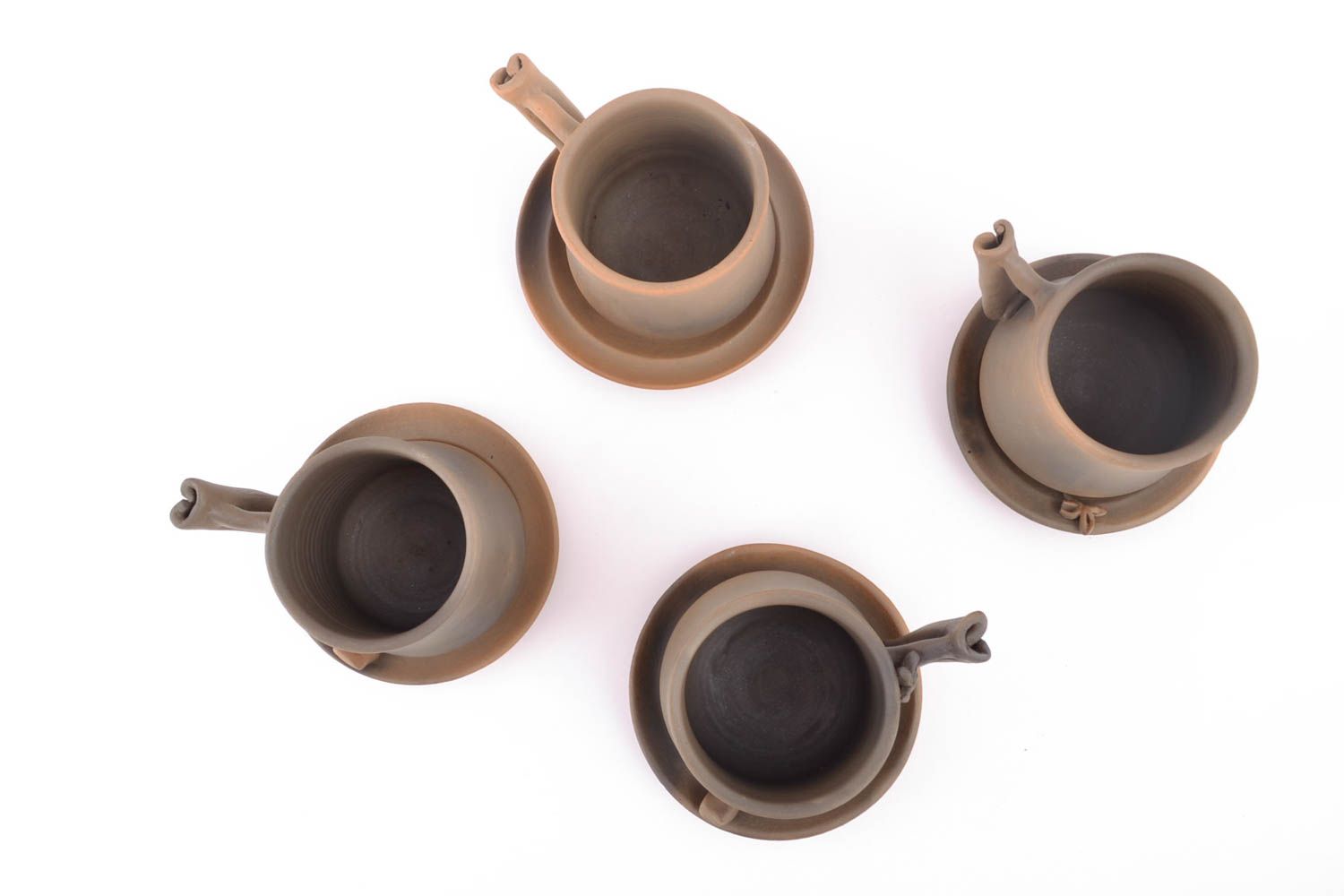 Set of clay brown art no pattern coffee 3 oz cups with handles and saucers photo 4