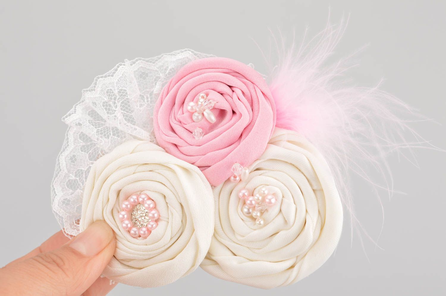 Light hair clip made of fabric with feathers handmade flower designer barrette  photo 3
