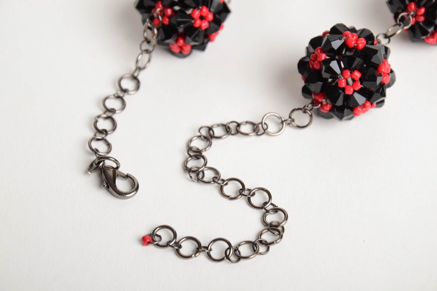 Handmade designer women's necklace crocheted of red and black Czech beads photo 4