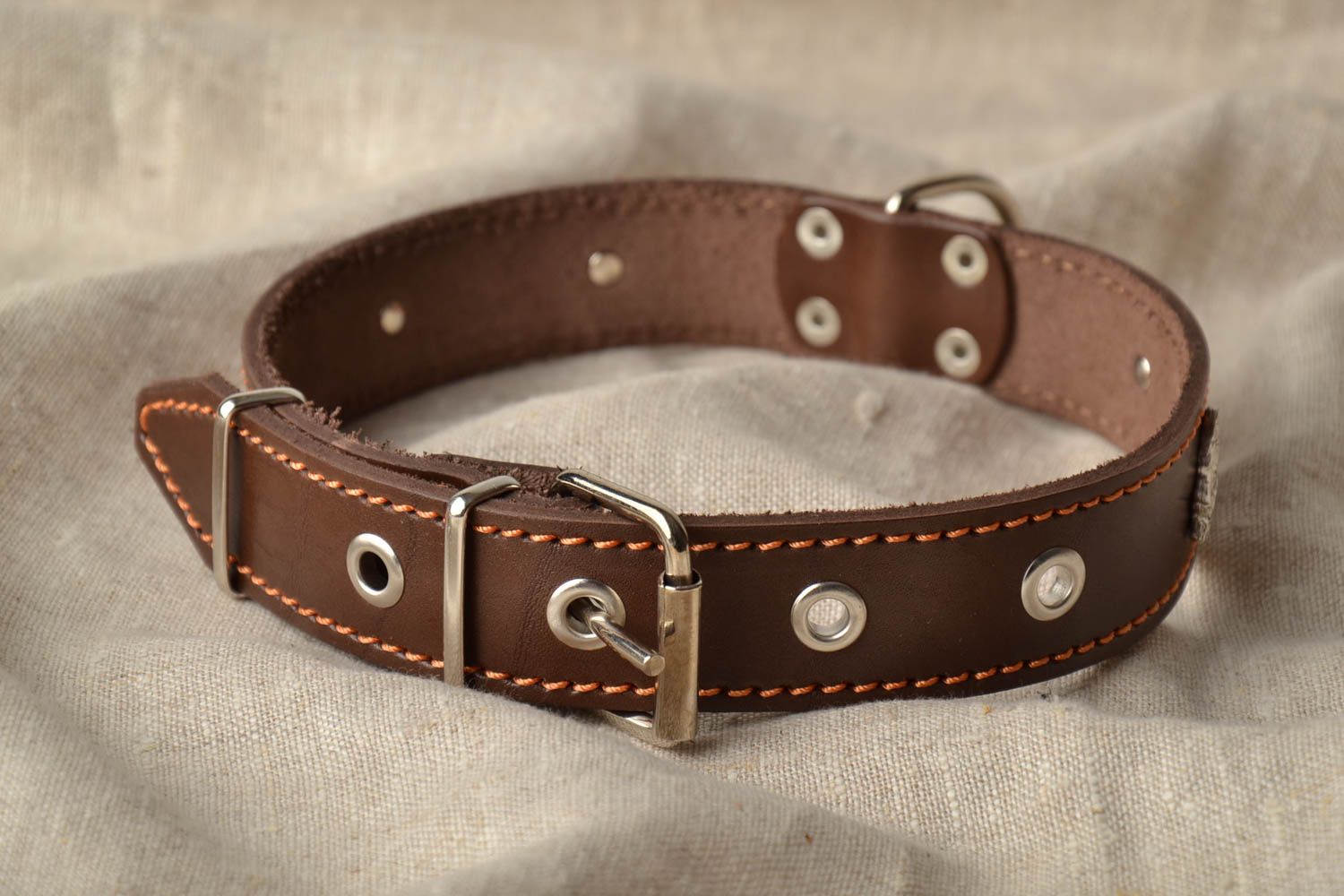 Brown genuine leather dog collar photo 1