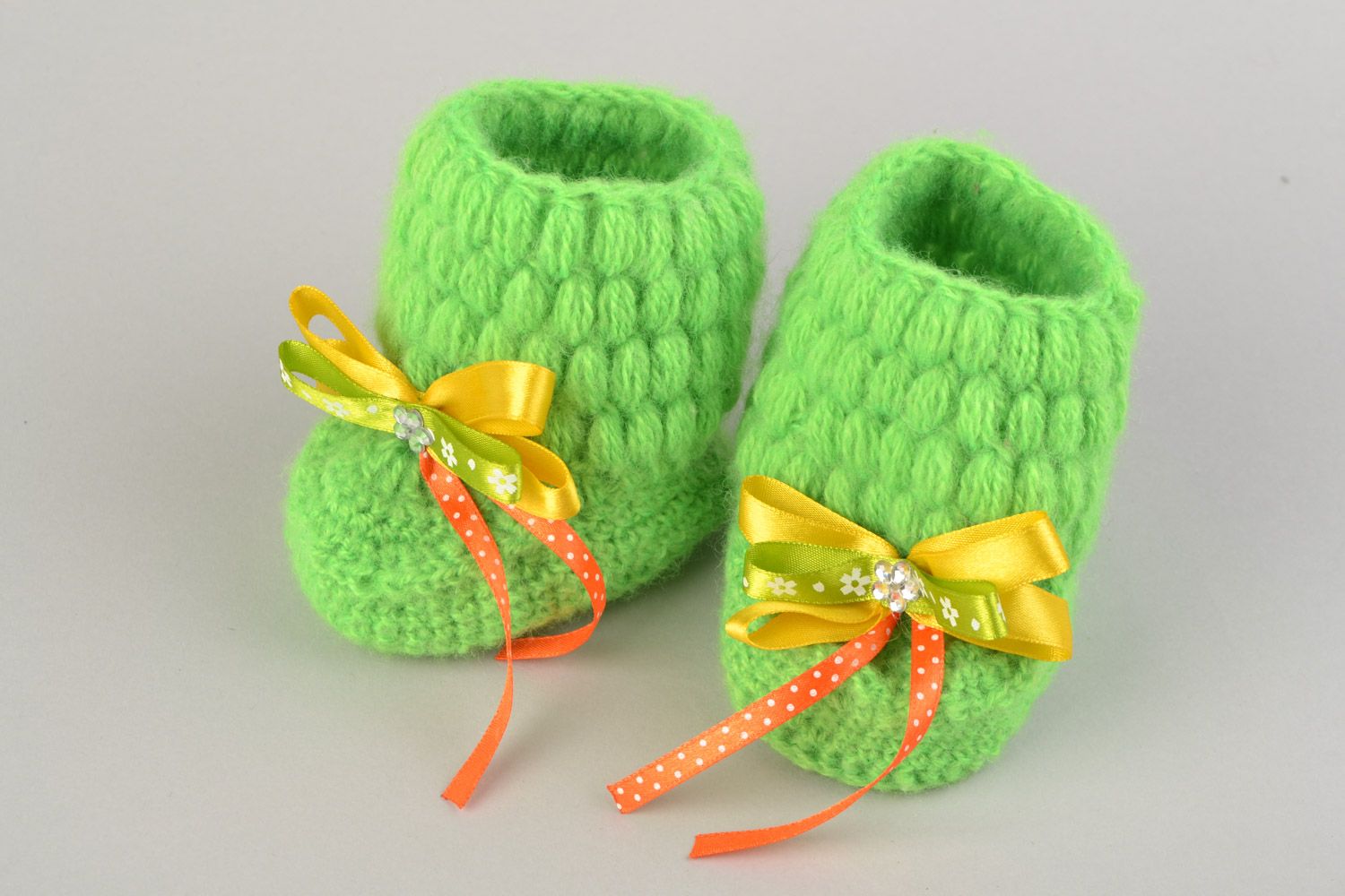 Light green hand-crocheted beautiful baby booties made of angora threads with bows photo 4