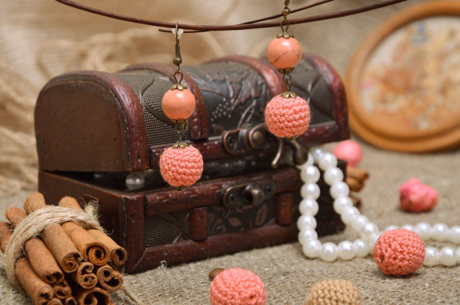 Handmade women's long dangle earrings with crochet over beads of peach color photo 1