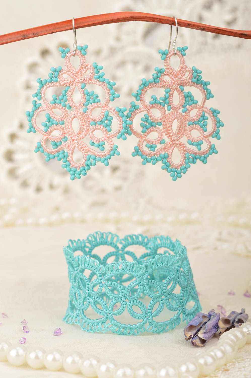 Beautiful homemade designer jewelry set tatting lace earrings and bracelet photo 1