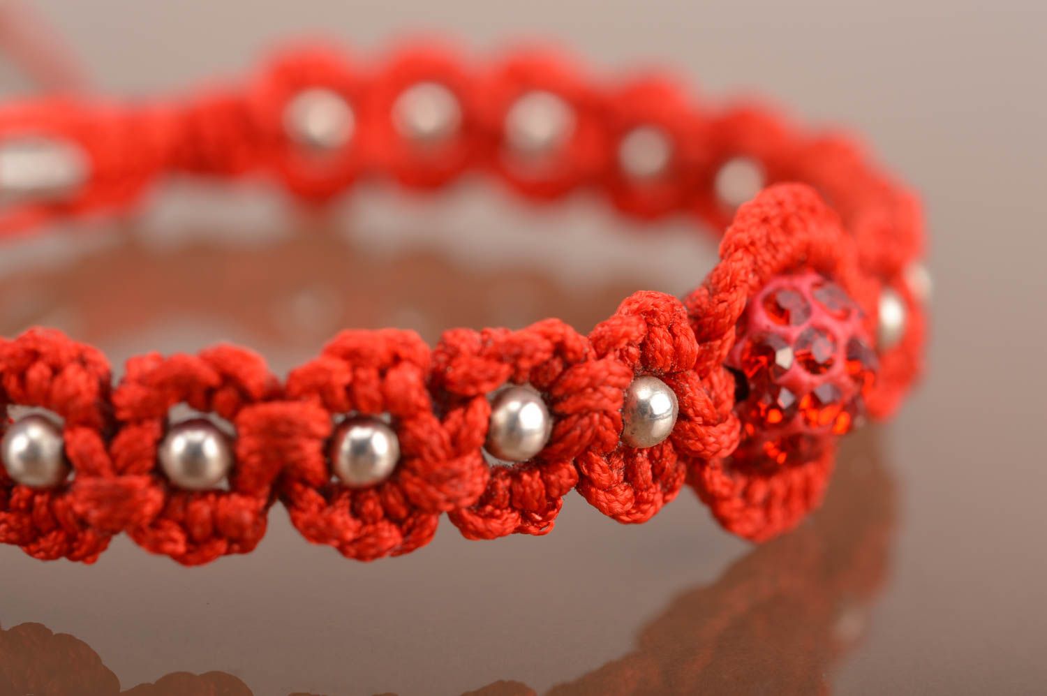 Handmade adjustable strand red textile woven wrist bracelet with gold color beads photo 4