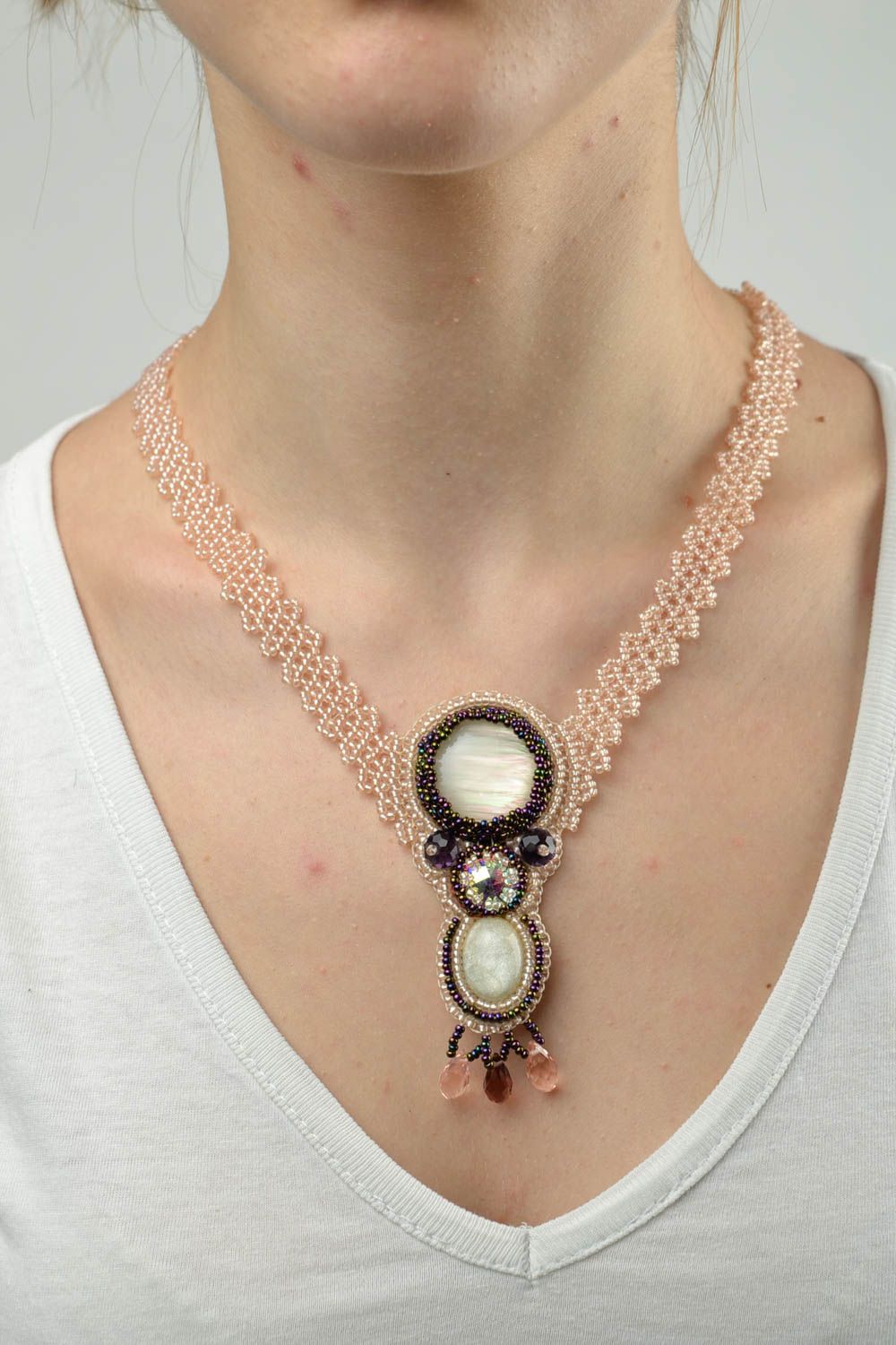 Schmuck handgemacht Halskette mit Anhänger Rocailles Kette Damen Collier rosa foto 1