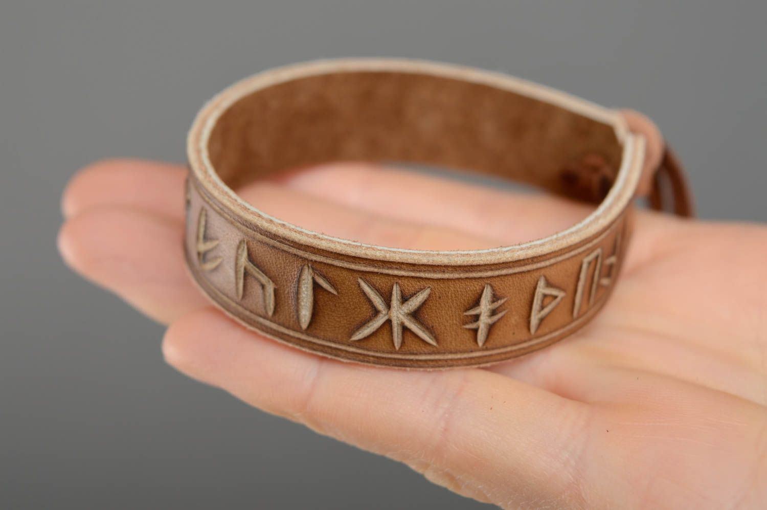 Brown leather bracelet with runes photo 4