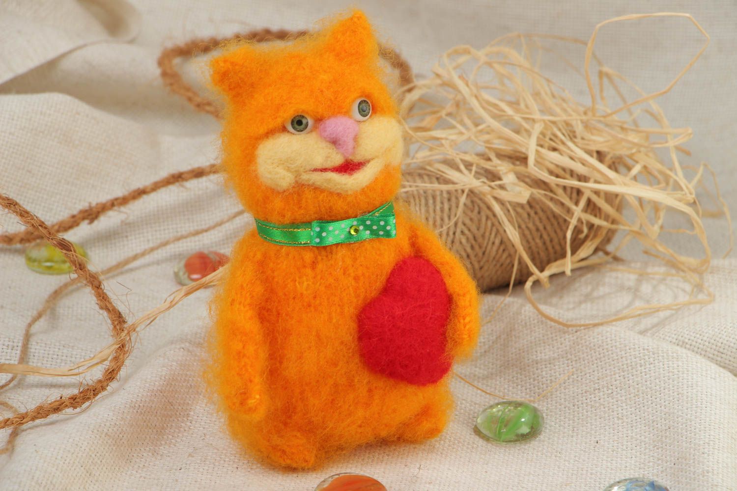 Handmade soft toy fluffy cat crocheted of bright orange mohair threads  photo 1
