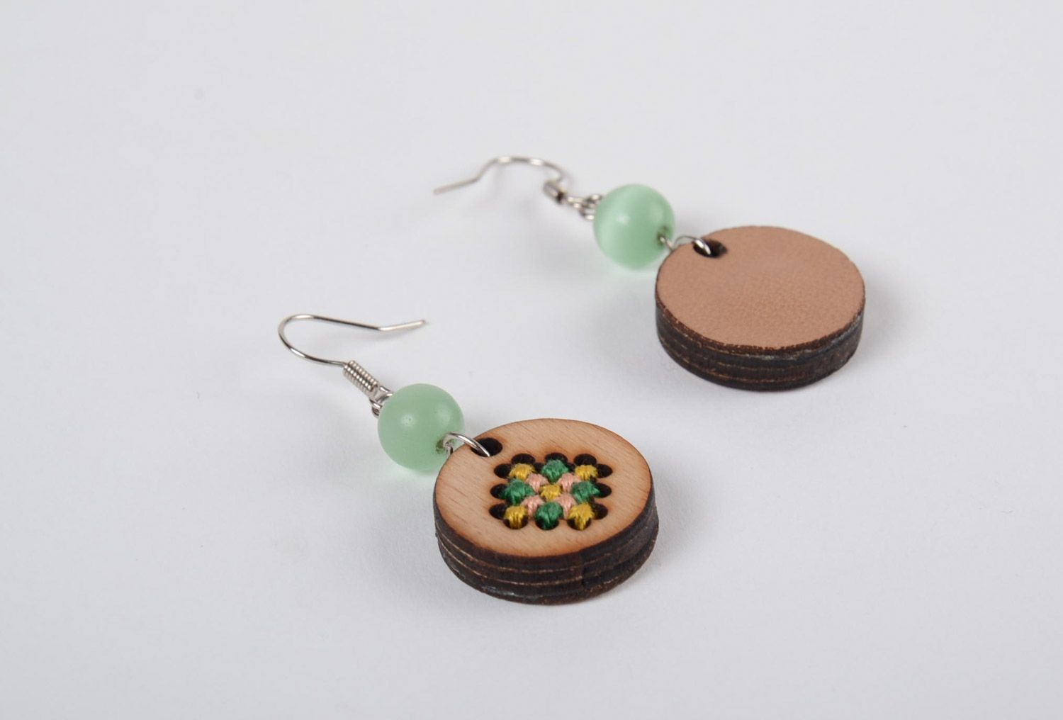 Handmade plywood earrings with cross stitch embroidery and beads in ethnic style photo 4