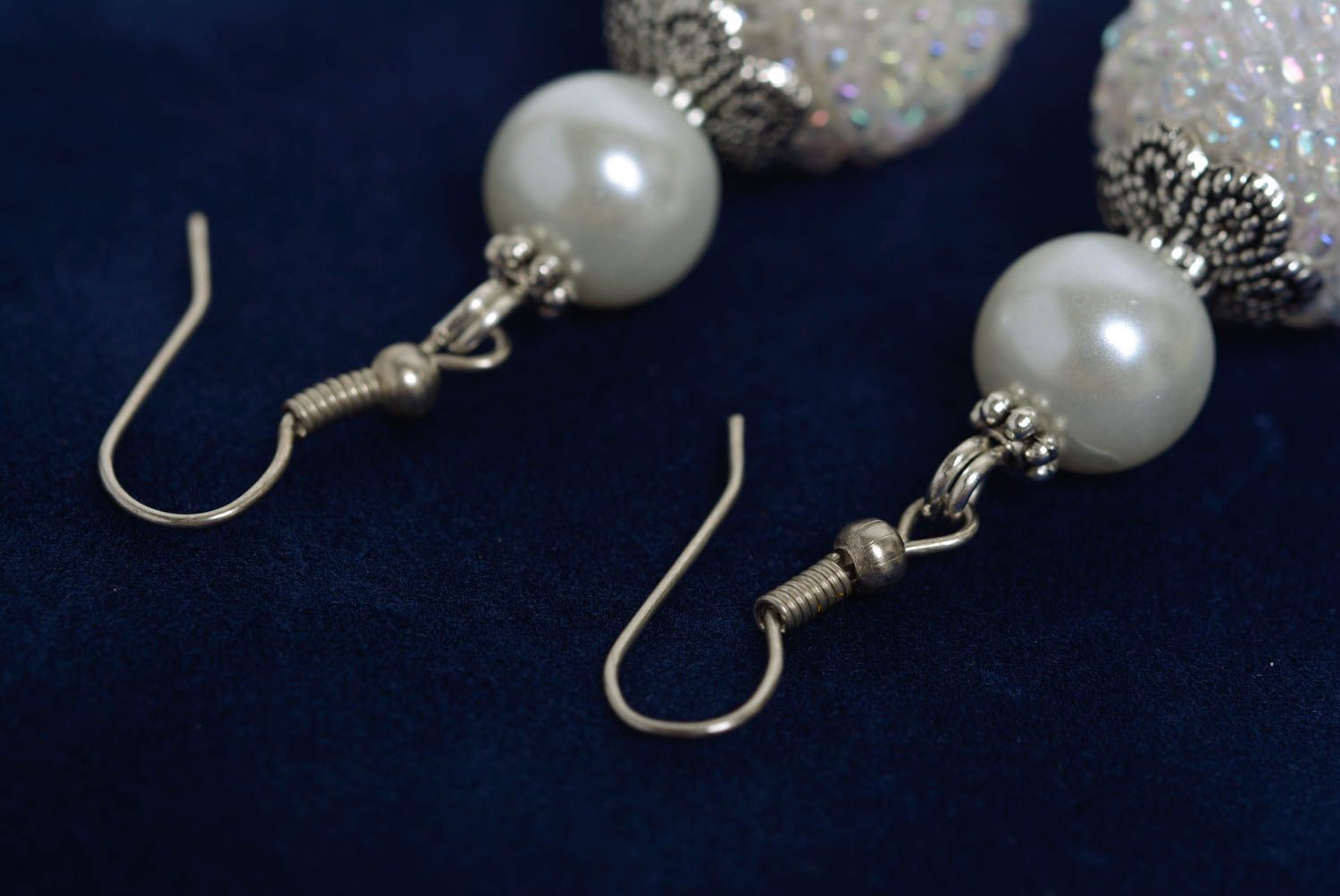 Handmade long dangling earrings with bead woven balls of snow white color photo 5