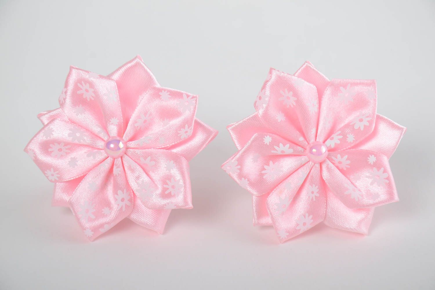 Set of handmade designer pink satin ribbon flower hair ties 2 pieces kanzashi photo 4