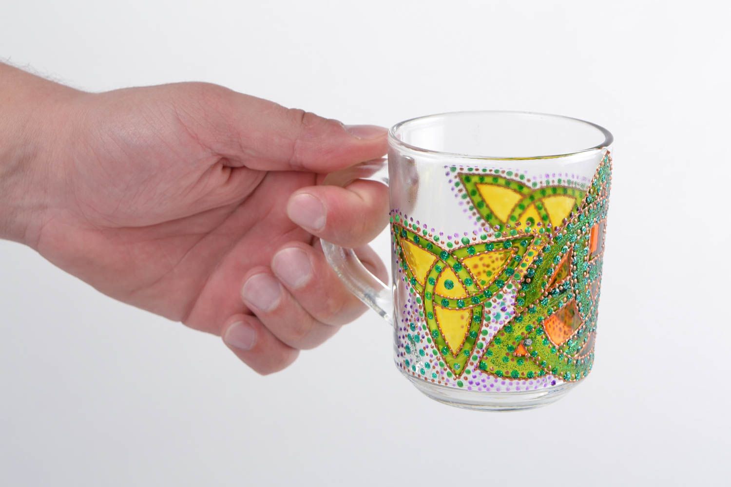 Clear glass teacup with acrylic dot hand-painting Triquetra in UFO style photo 2
