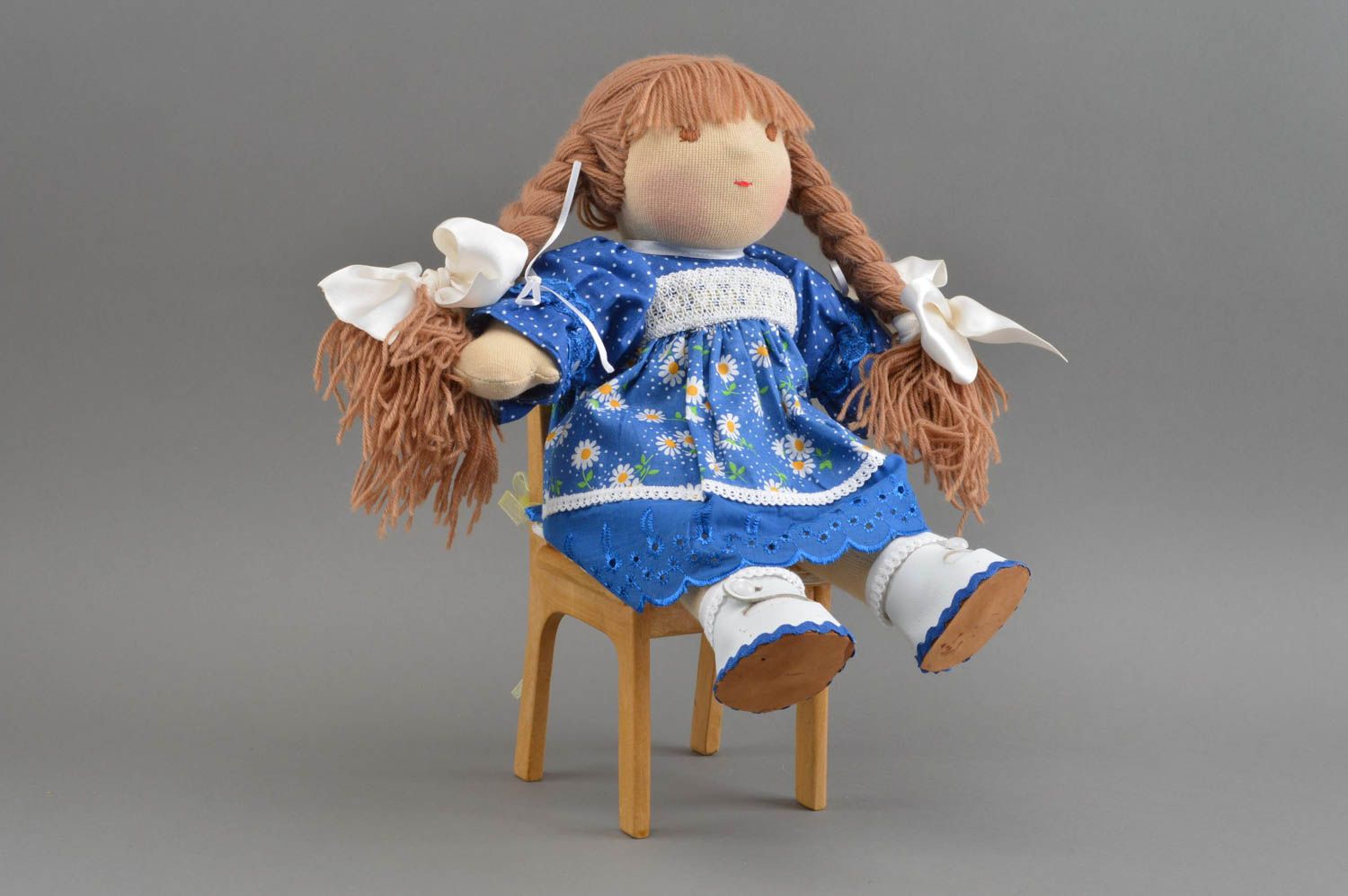 Fabric handmade doll in blue dress present for children stuffed toy for nursery photo 2