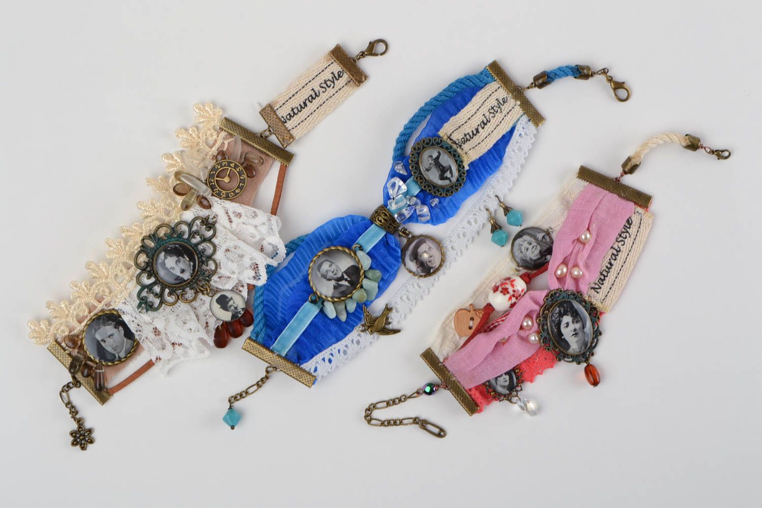 Bracelets vintage fait main Bijoux artisanaux Accessoire femme 3 pièces en tissu photo 8