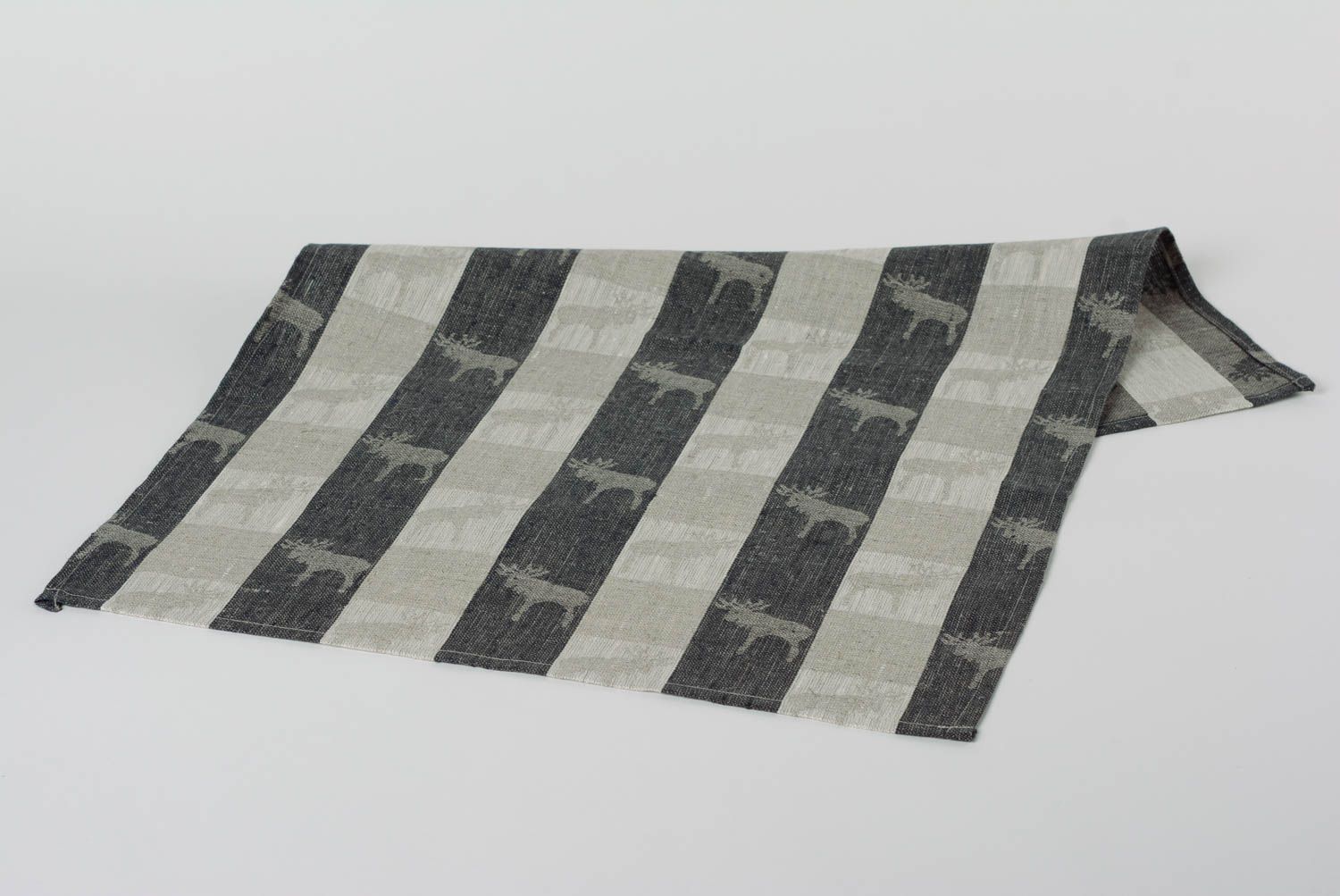 Handmade kitchen towel sewn of gray and black checkered linen fabric with elks photo 2