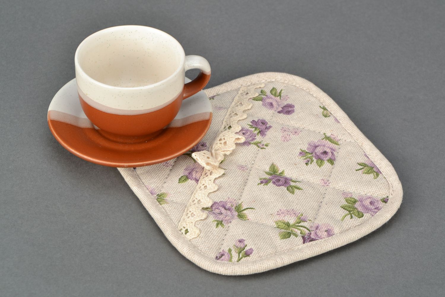 Manique de cuisine beige à motif en coton et polyamide faite main Rose lilas  photo 1
