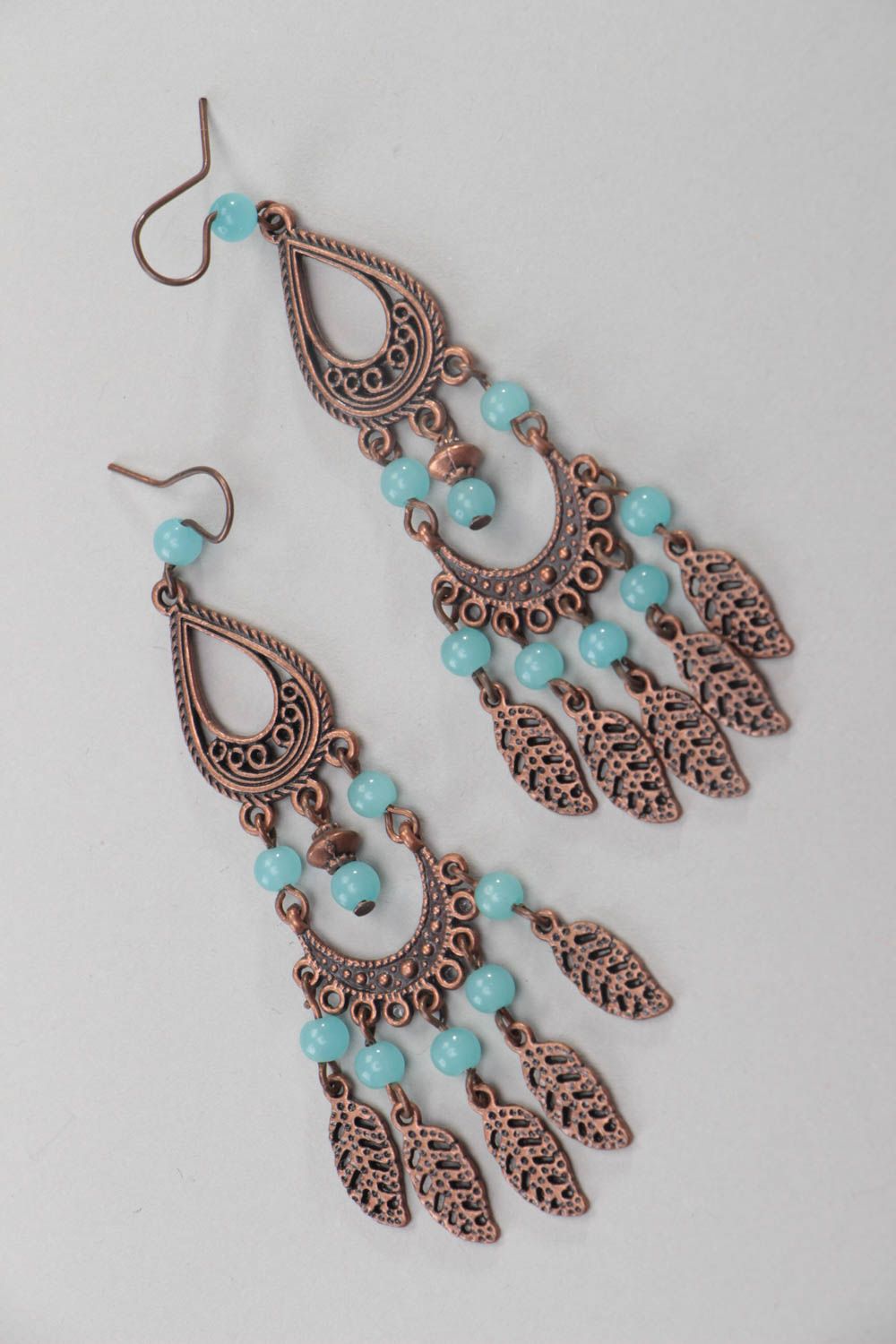 Long handmade earrings copper stylish accessory beaded unusual jewelry photo 2