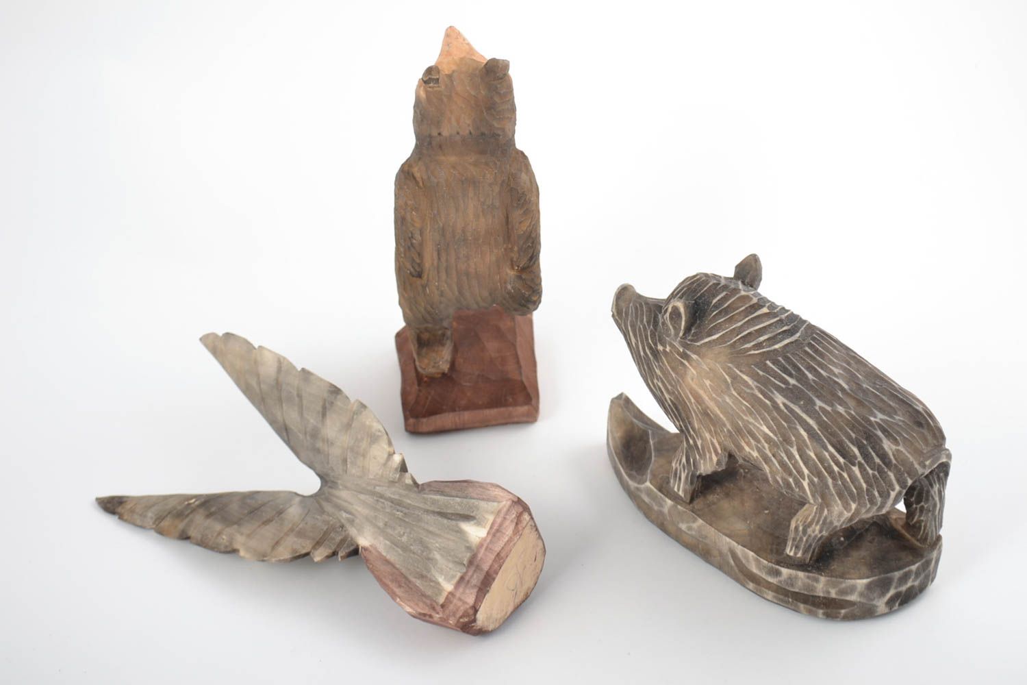 Set of figurines bear boar and eagle made of wood 3 pieces handmade decor photo 5